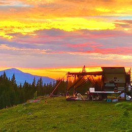 Our off-road camper trailer on mountain sunset background | Boreas Campers Homepage
